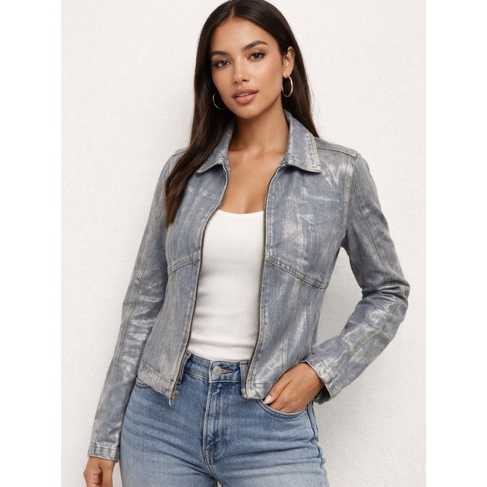 BLANKNYC Jacket‎ Womens XS Blue Silver Metallic Coated Denim Zip Up Moto Indie